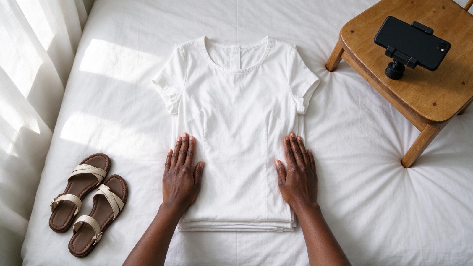 Overhead view of a dress being smoothed flat on a white bedsheet with a phone mounted above on a chair