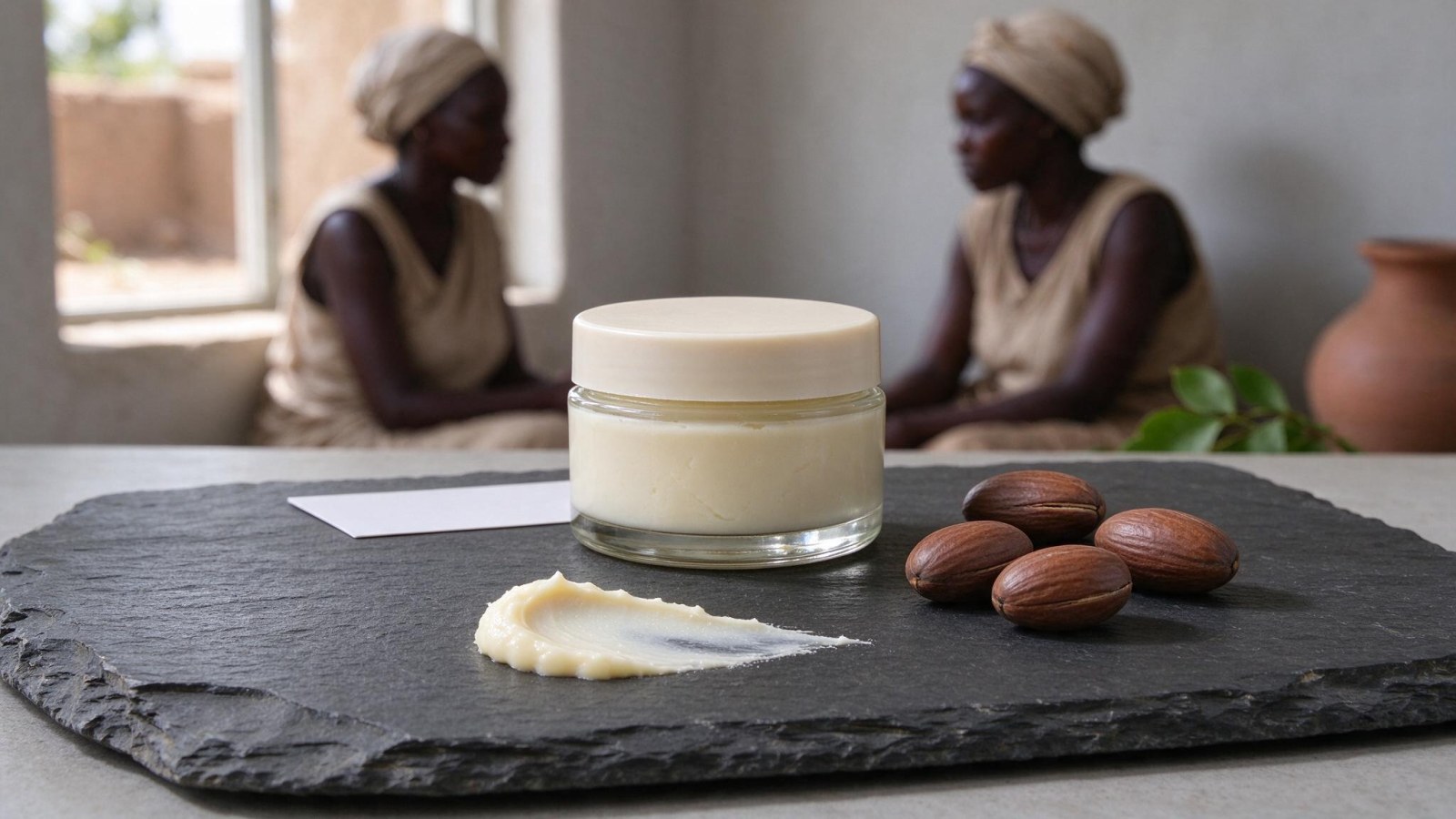 A jar of shea butter with a cream swipe and shea nuts on a slate tile, lit by soft window light