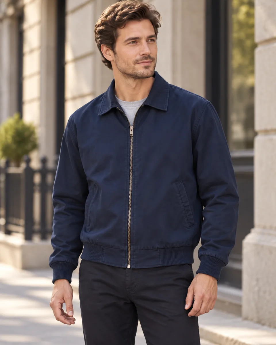 A model wearing the same dark navy zip-front jacket in an editorial photograph
