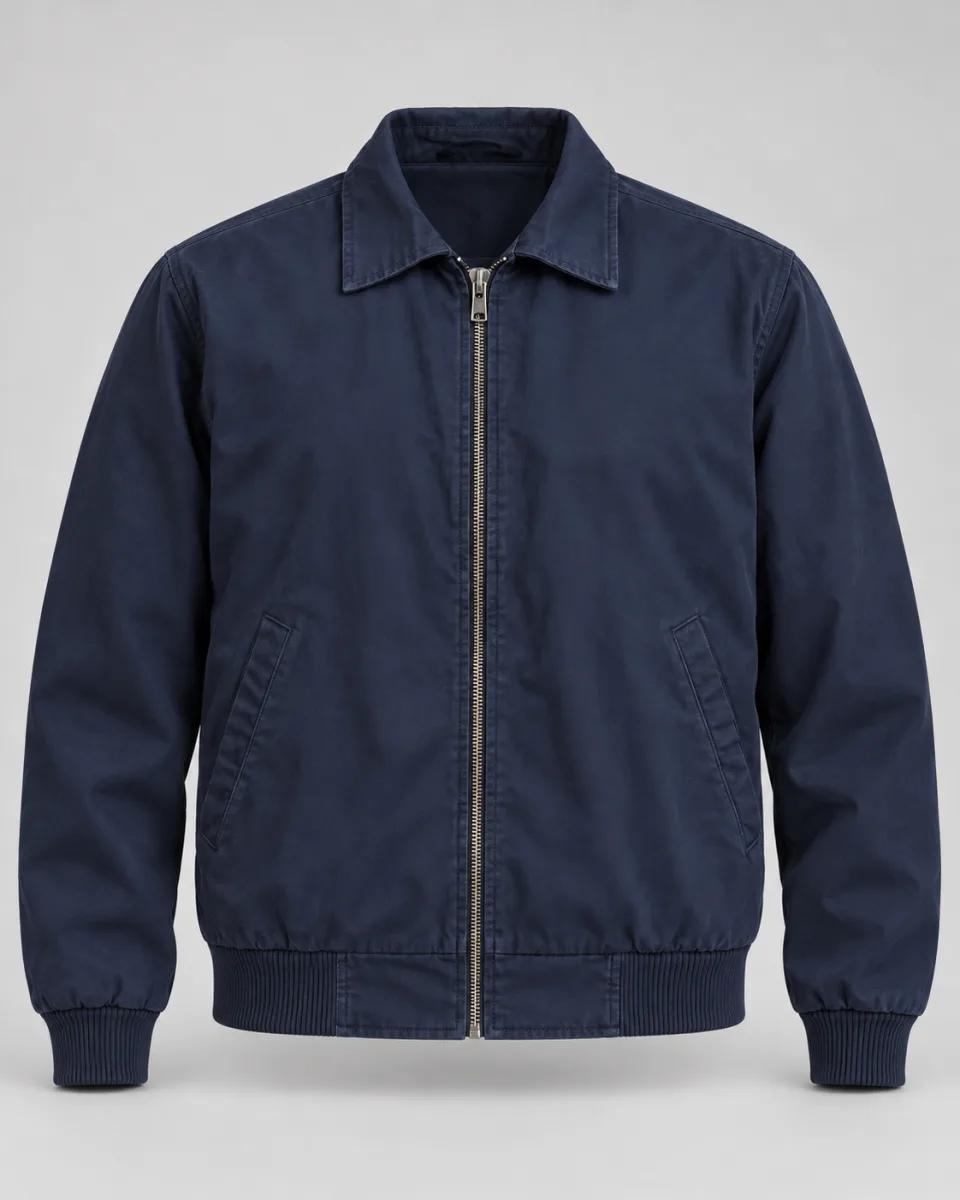 The same dark navy zip-front jacket in a professional studio product photograph