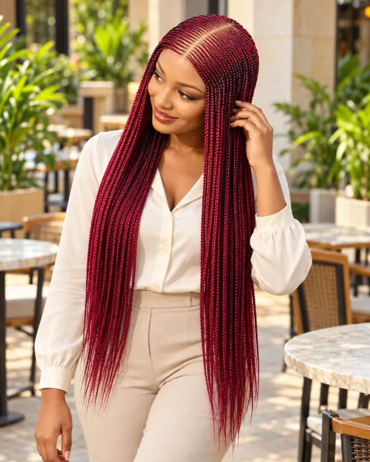 Model wearing the long burgundy braided wig outdoors