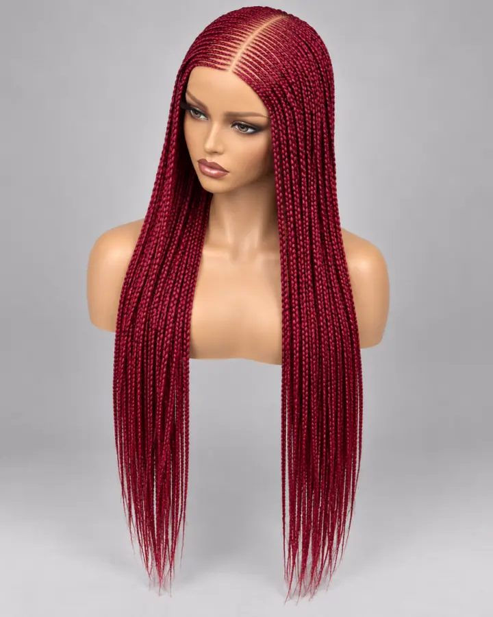 Long burgundy braided wig shown in a polished studio portrait