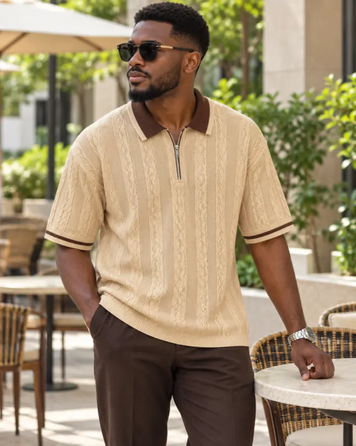 Model wearing the cream cable-knit polo shirt outdoors