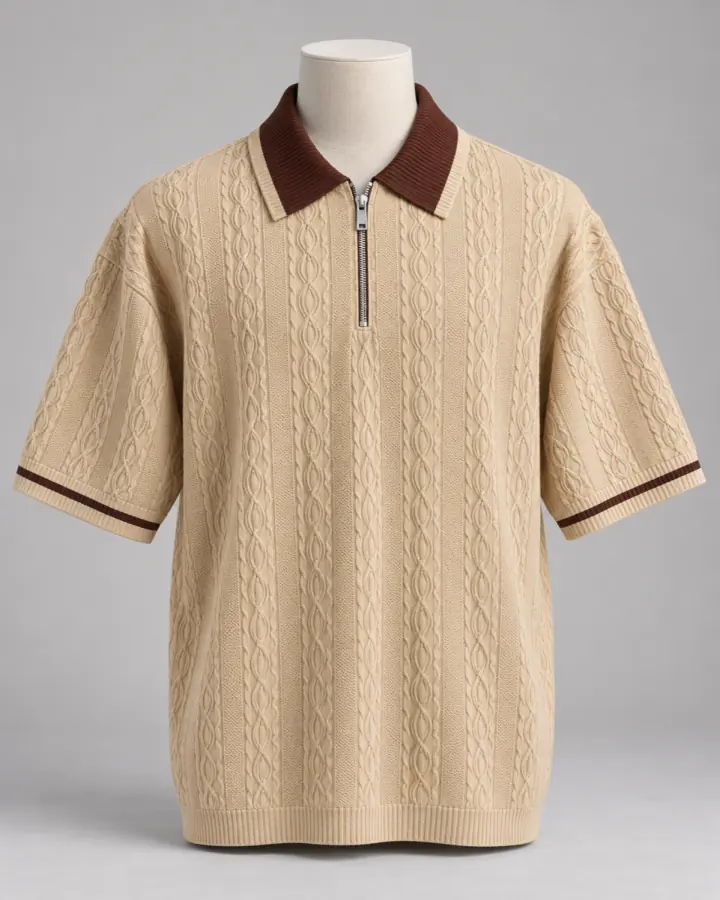 Cream cable-knit polo shirt in a polished studio product photo