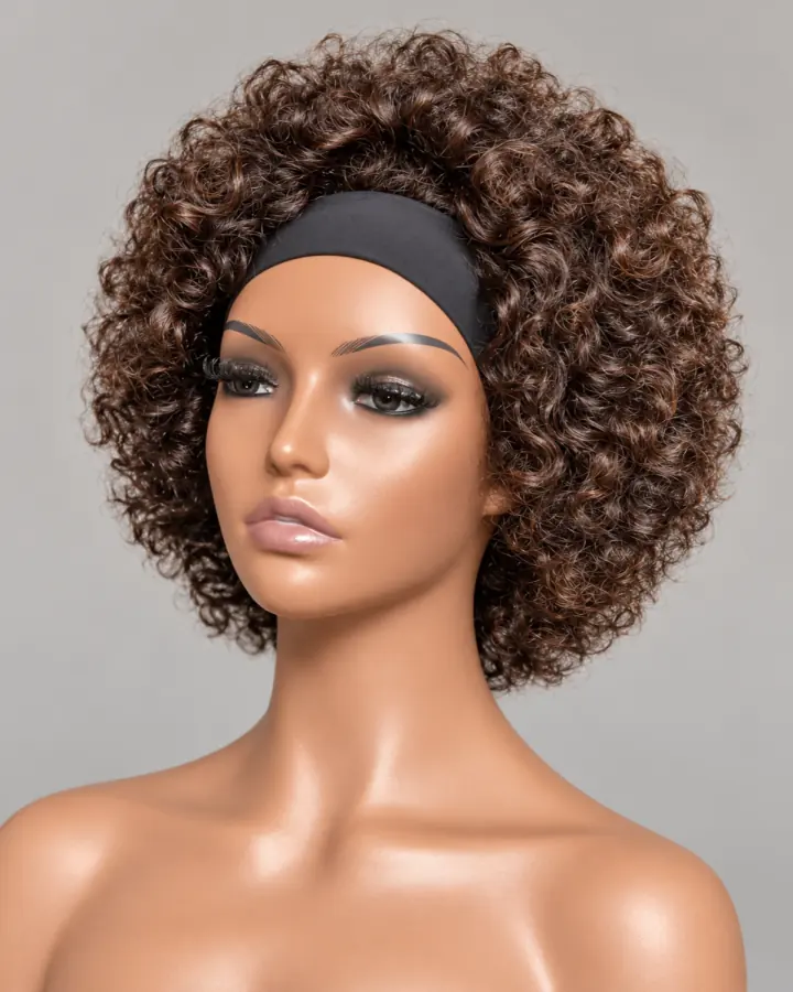 Brown curly headband wig shown in a polished studio portrait