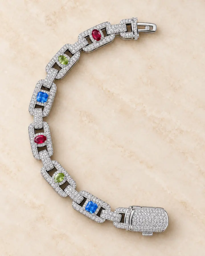 Silver bracelet with colourful gemstones in a polished studio photo