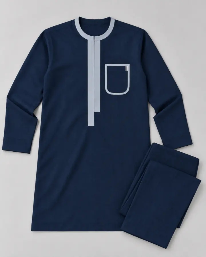 Navy kaftan with pale blue trim in a polished studio photo
