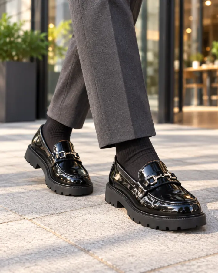 Black patent loafers worn with tailored trousers outdoors