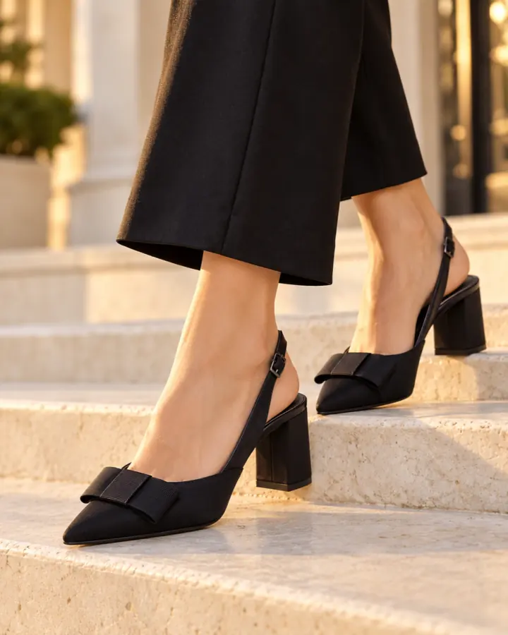 Black bow slingback heels worn on outdoor steps