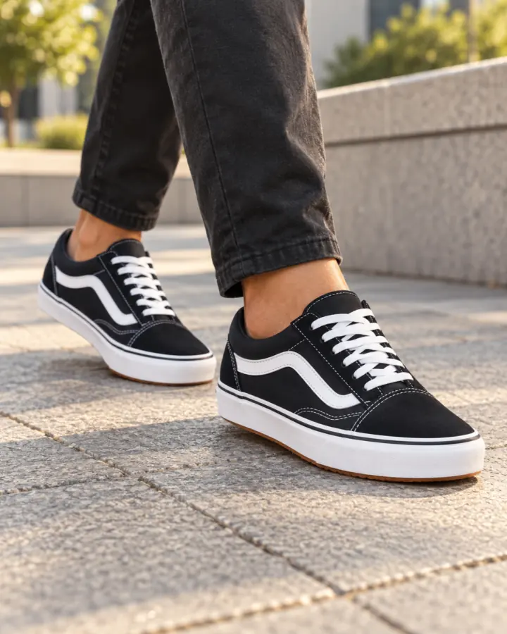 Black and white sneakers worn outdoors with black jeans