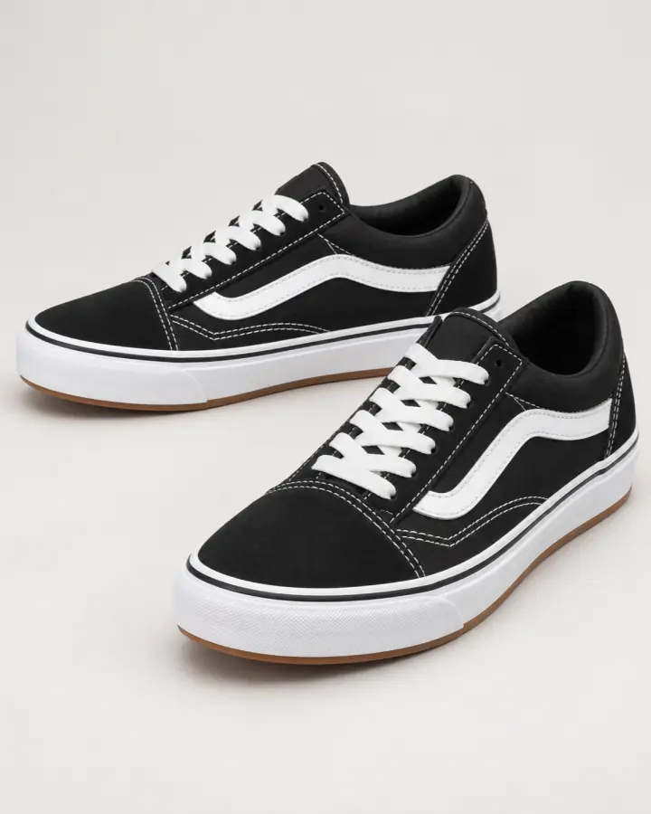 Black and white sneakers in a polished studio product photo