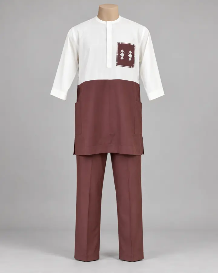 White and burgundy traditional two-piece set in a polished studio photo