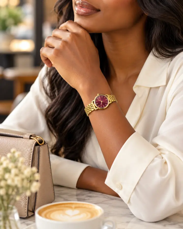 Gold bracelet watch with a burgundy face worn at a cafe