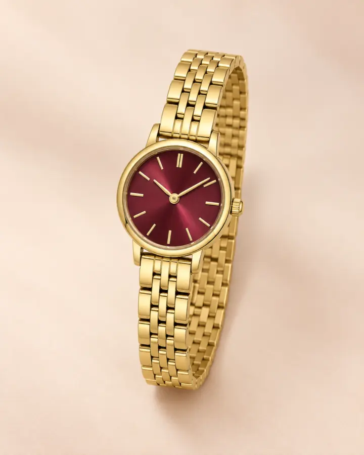 Gold bracelet watch with a burgundy face in a polished studio photo